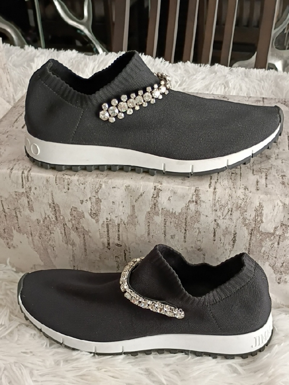 Jimmy Choo Verona Black Slip-On Knit Sneakers with Crystal Accents Size 6.5